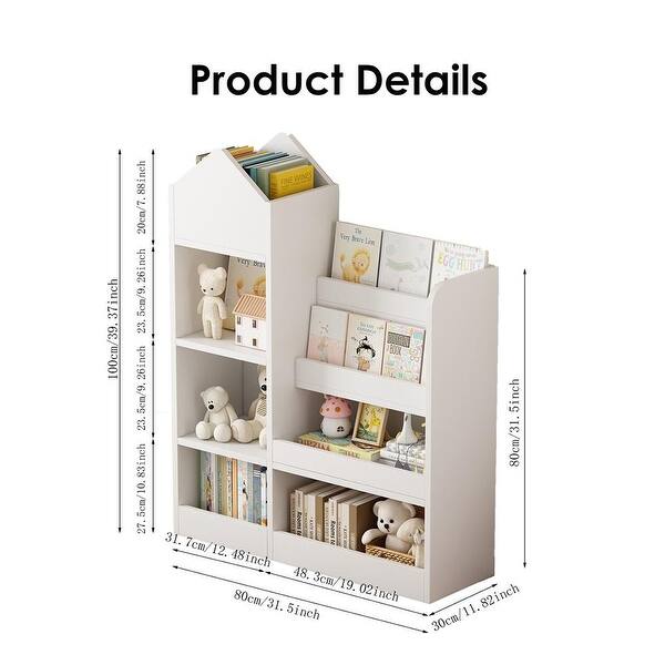 dimension image slide 0 of 4, Children's Wooden Bookshelf and Toy Storage Organizer with Bookcase, 6 Compartments, and 2 Baskets