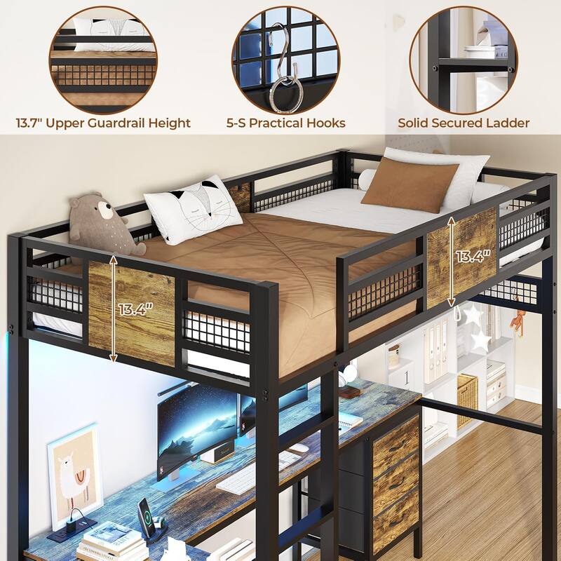 Loft Bed with Desk Gaming Bunk Bed LED Lights Charging Station
