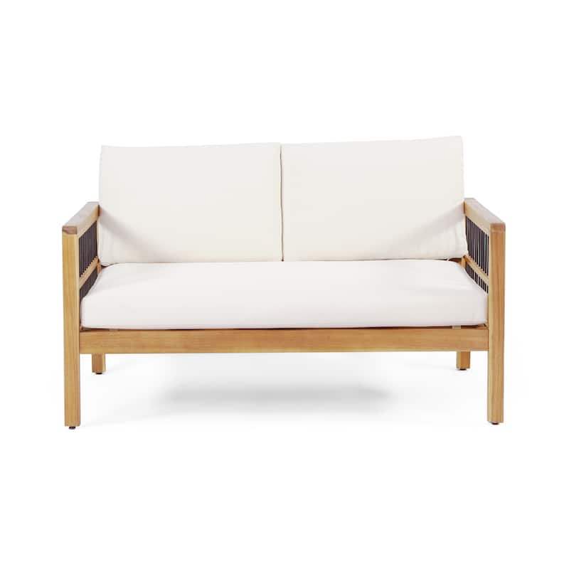 Elias Acacia Wood and Iron Outdoor Loveseat and Coffee Table Set with Cushions by Christopher Knight Home