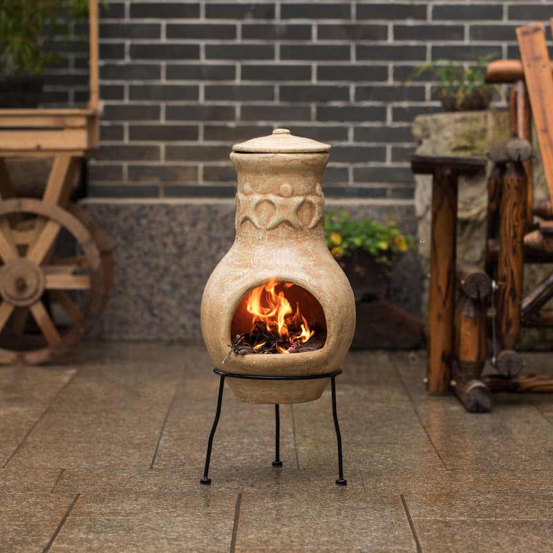 Beige Outdoor Clay Chiminea Fireplace Maya Design Charcoal Burning Fire Pit with Sturdy Metal Stand, Barbecue, Cocktail Party