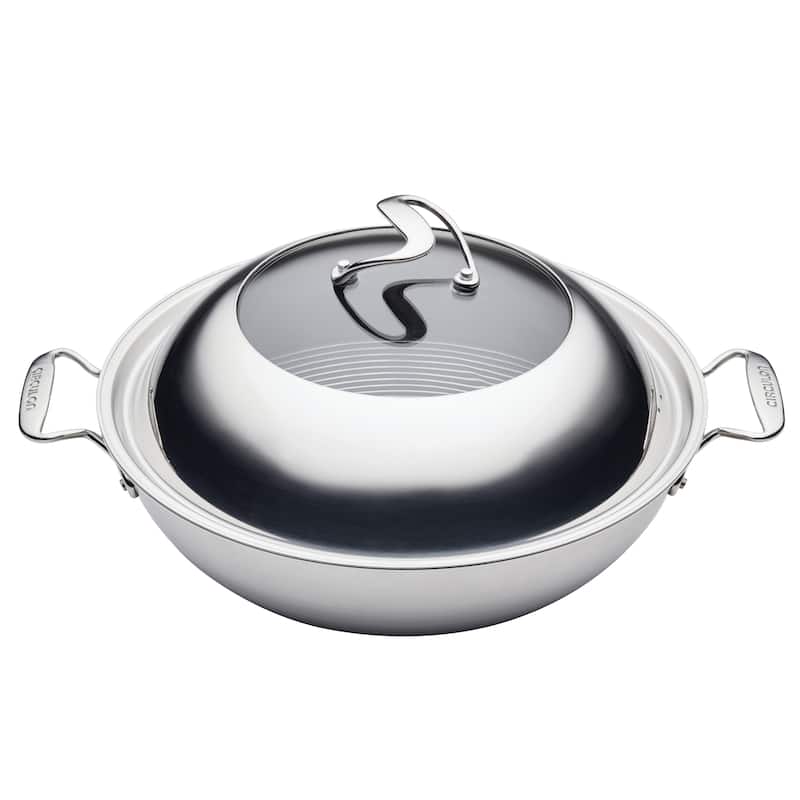 Circulon Clad Stainless Steel Induction Wok with Glass Lid and Hybrid SteelShield and Nonstick Technology, 14-Inch, Silver