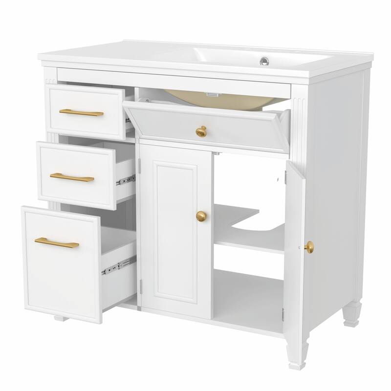 36" Bathroom Vanity with Sink, Ceramic Sink, One Tip-out Drawer, 3 Side Drawers