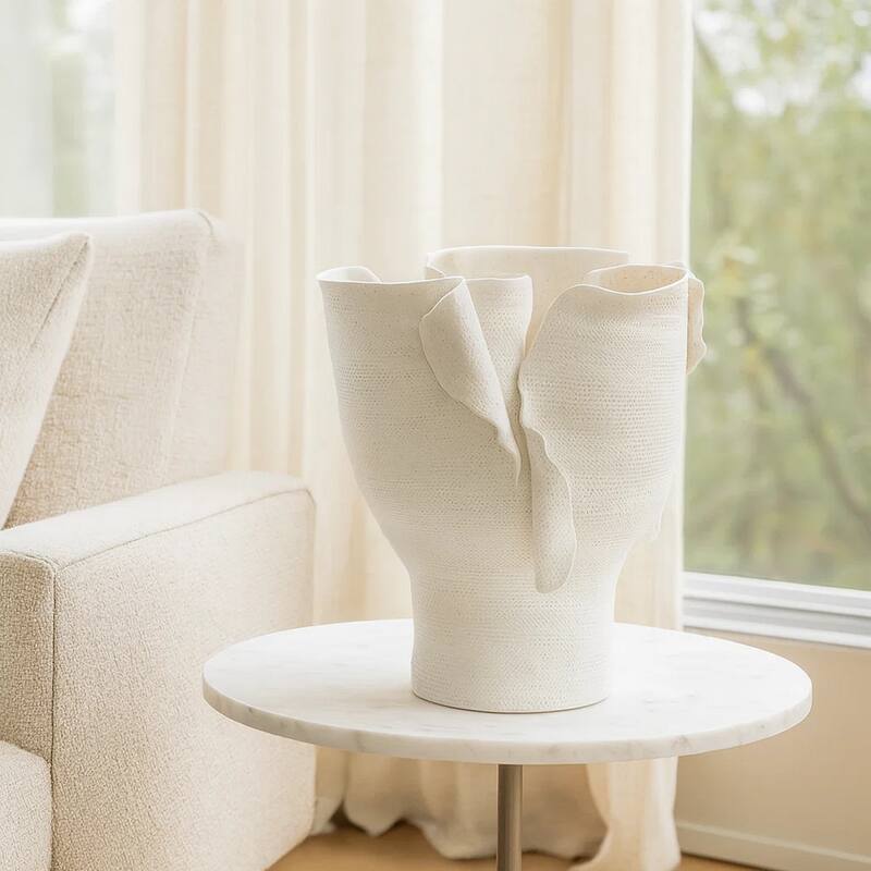 Tio Modern Vessel Vase, Flowing Petal Folds, White Porcelain 13 Inch