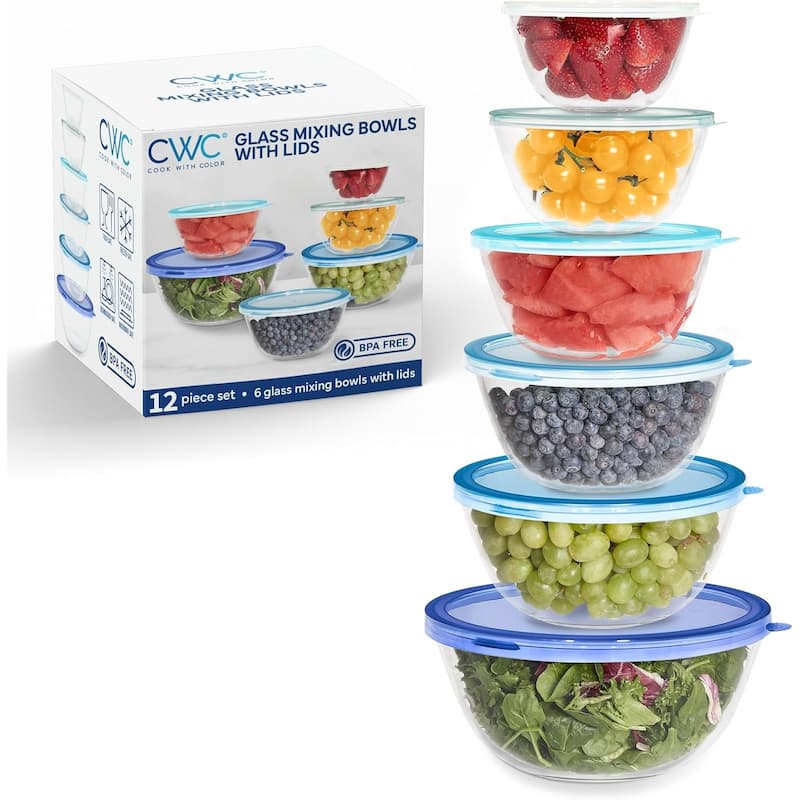 COOK WITH COLOR 12 Pc Glass Nesting Mixing Bowl Set with Lids for Cooking and Prep - Blue
