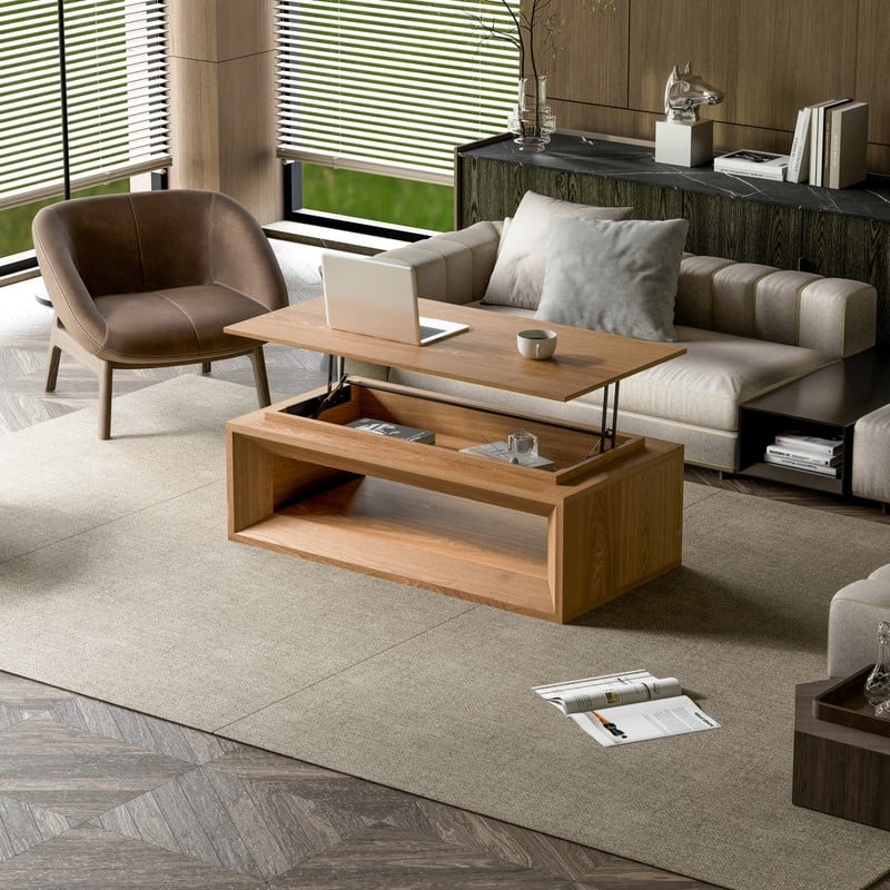 43.3" Lift-Top Coffee Table, Solid Wood Veneer Modern Accent Table with Storage and Adjustable Height
