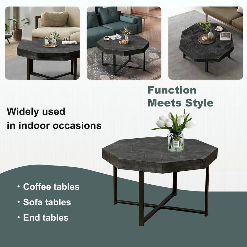 30-Inch Wood Octagonal Vintage Patchwork Coffee Table