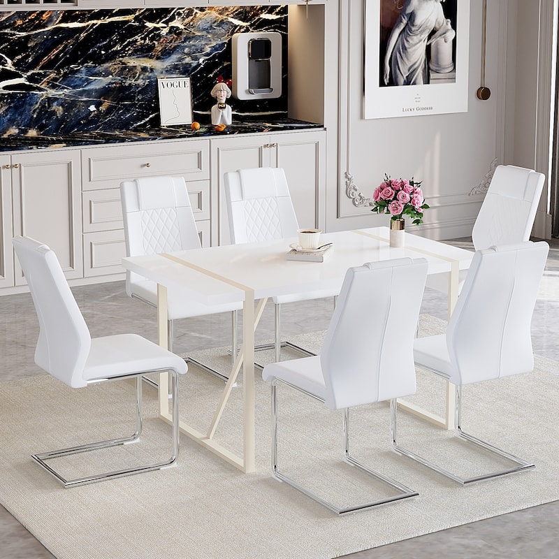 Dining Table Set for 6, 7 Piece Home Rectangular Dining Table Set with 6 Faux Leather Chairs, Cream Dining Table and Chair Set