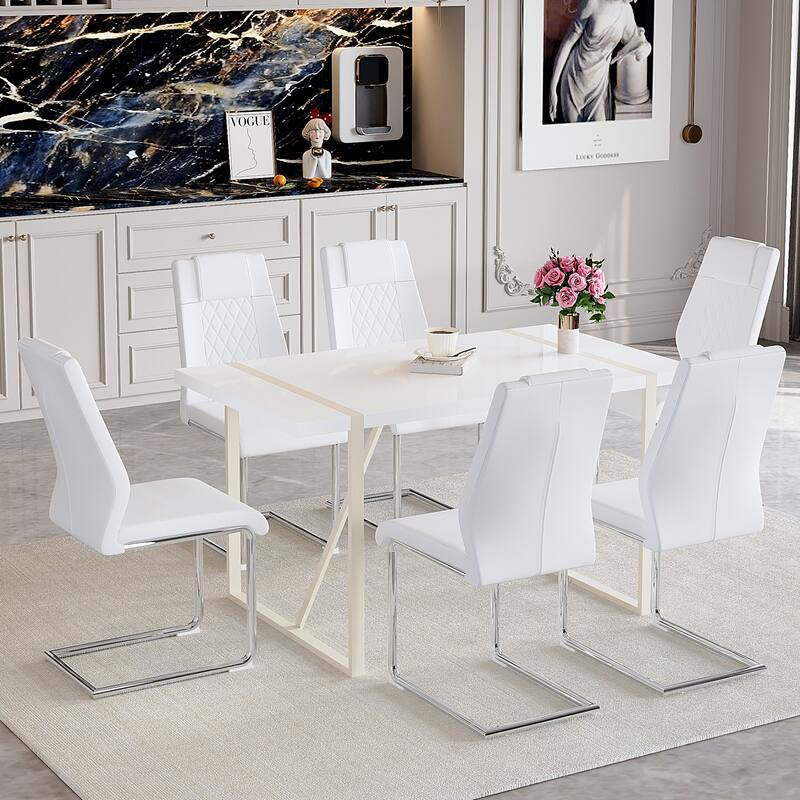 Table and chair set, Cream-Style MDF Dining Table Set with 6 Chairs With Metal Legs,MDF Tabletop and metal frame legs