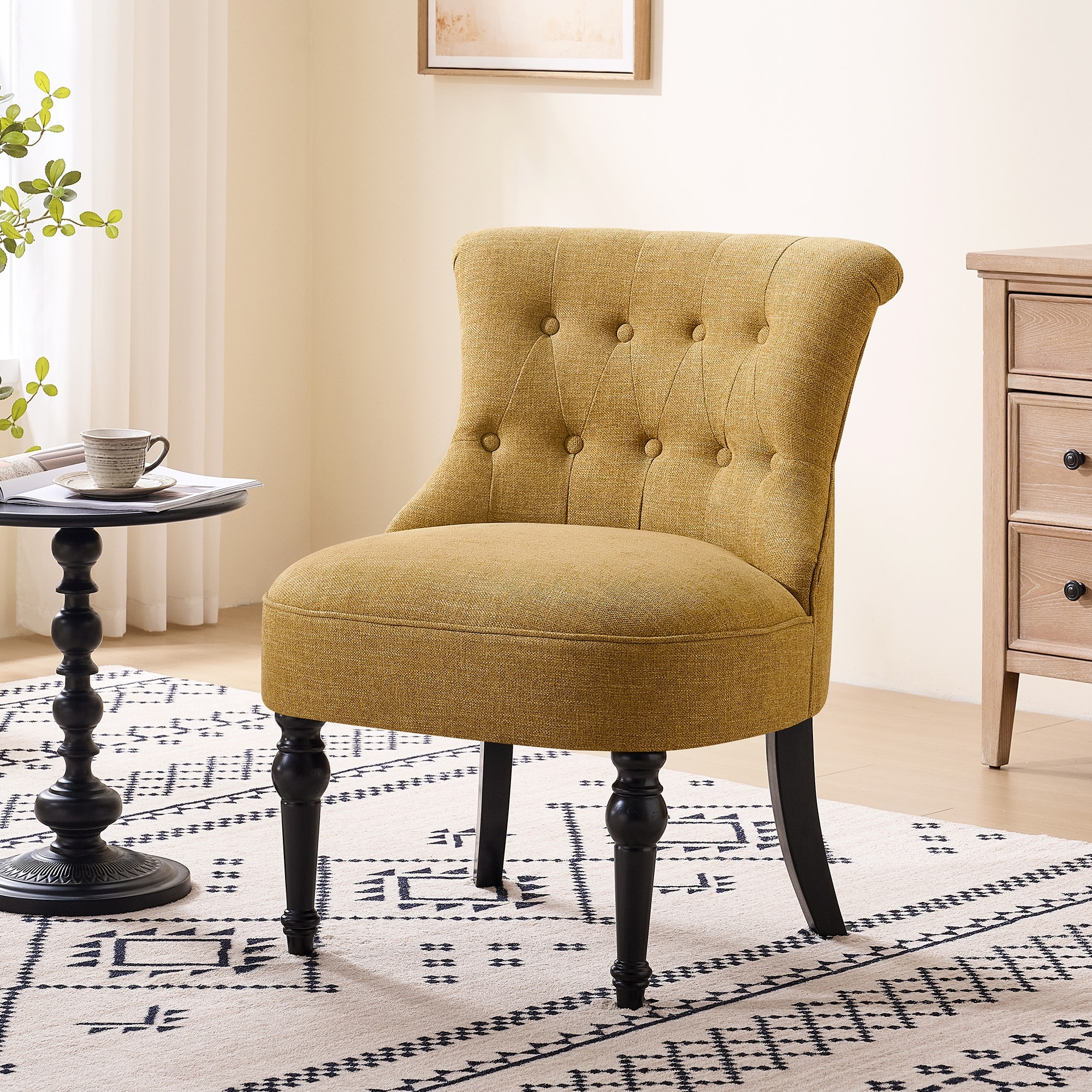 Upholstered Accent Chair, French Country Side Chair with Tufted Backrest, Thick Padded Seat and Solid Wood Legs