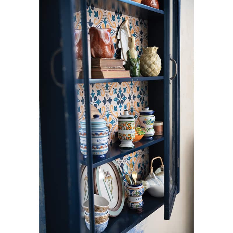 Wood and Glass Cabinet with 4 Shelves and Patterned Paper Back, Distressed Blue and Multicolor - 31.9"L x 8.6"W x 48.0"H