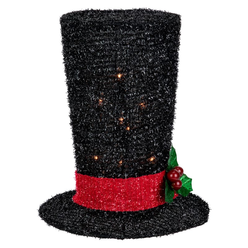 9.25" Lighted Black Tinsel Top Hat Christmas Tree Topper Clear Lights - 9.25