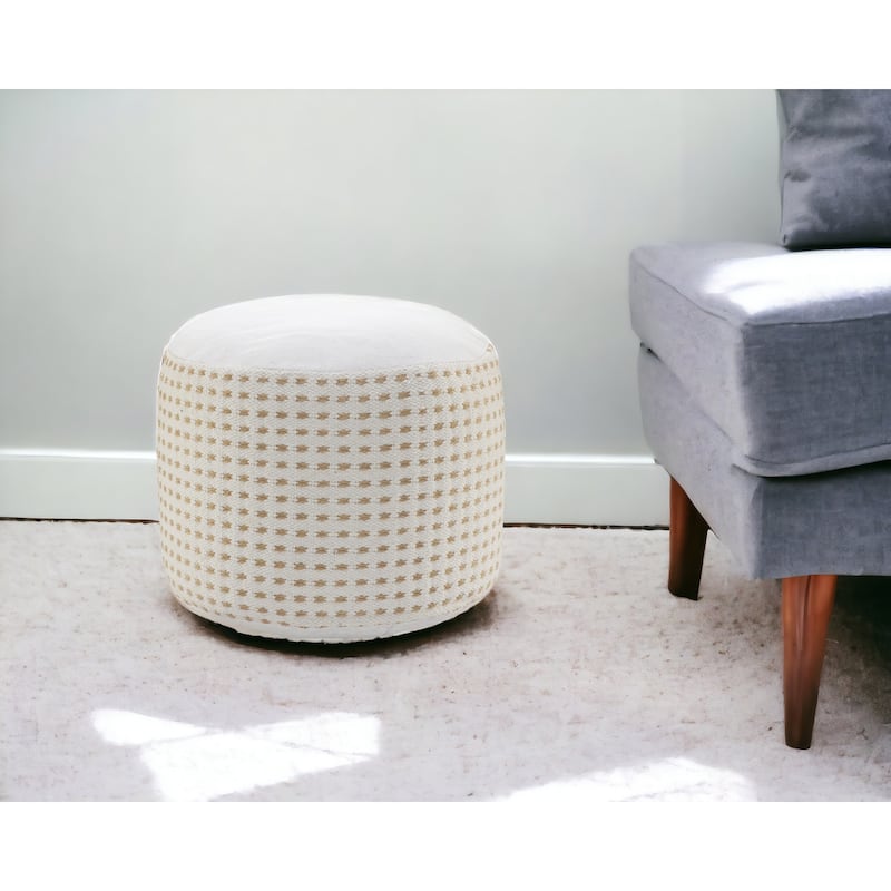 18-Inch White Jute Blend Round Ottoman with Geometric Design for Living Room - White