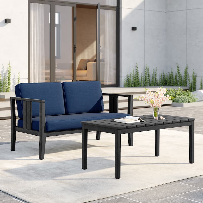 Uixe Teak Patio Loveseat with Coffee Table Outdoor Conversation Set