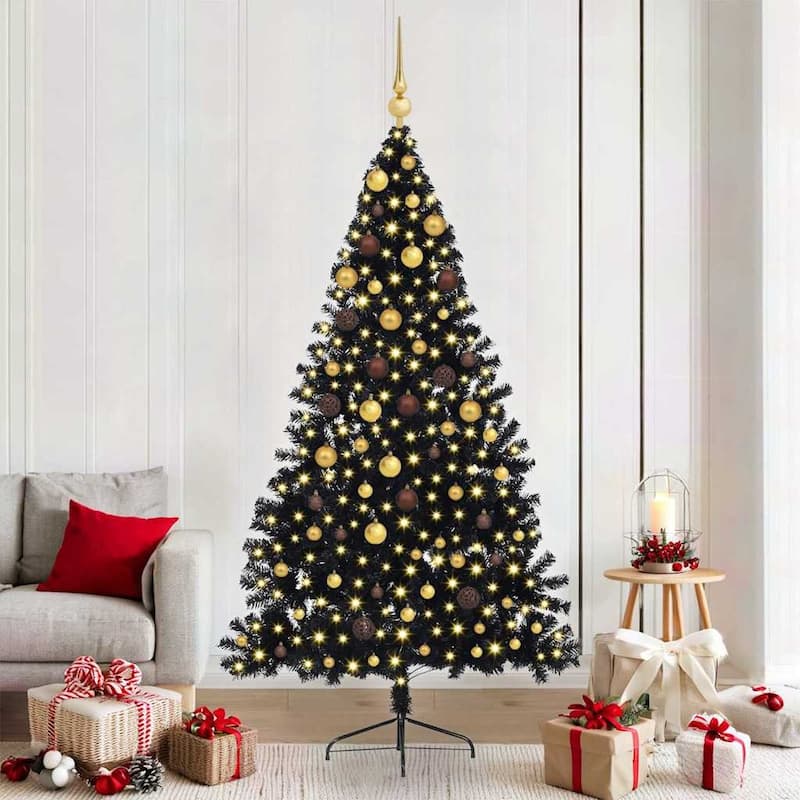vidaXL Christmas Tree with Decorative String Lights - Black with LEDs and gold/bronze balls - 7 Foot