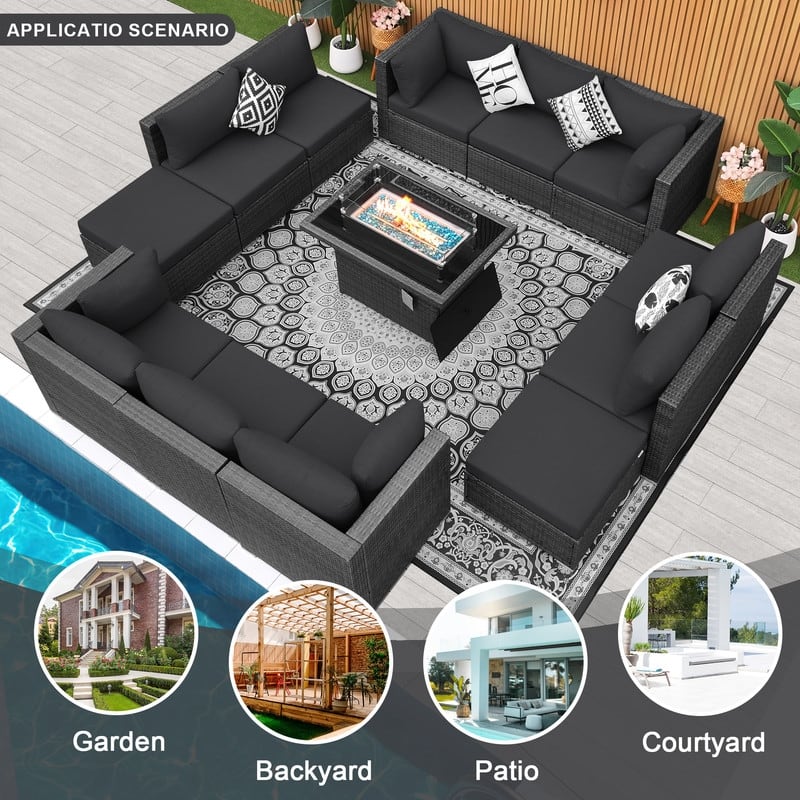 FINCATI Outdoor Grey Wicker Sectional Furniture Patio Sofa Set with Firepit Table