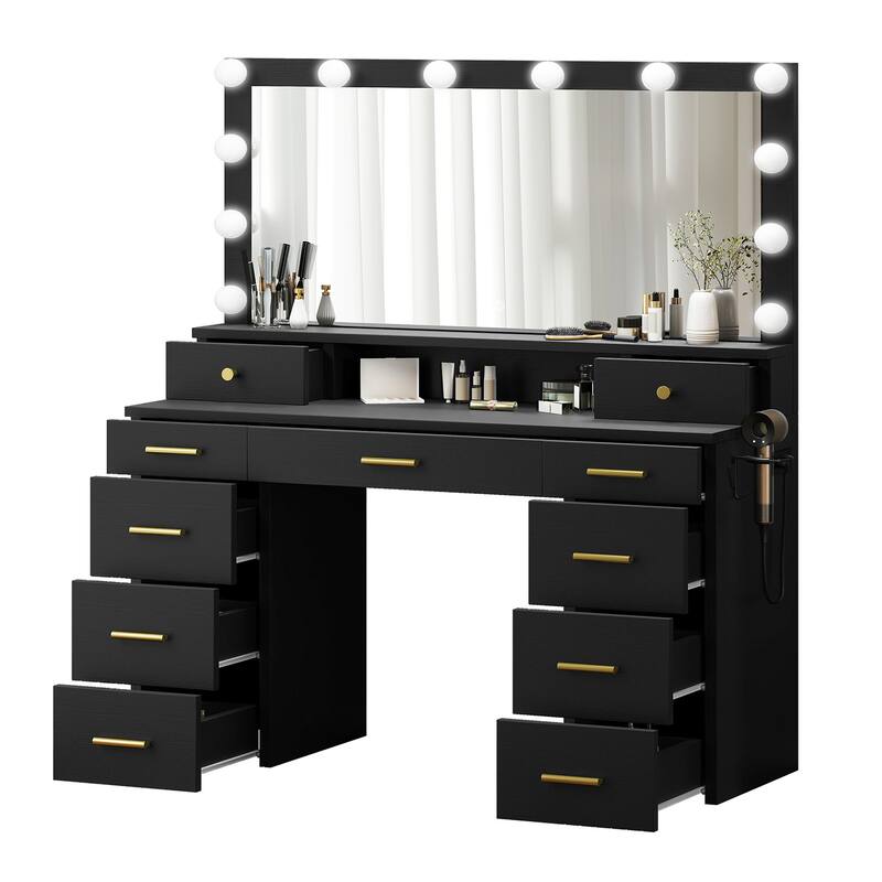 Moasis Large White Vanity Desk with 11 Drawers Mirror Lights USB and Type C Ports for Bedroom