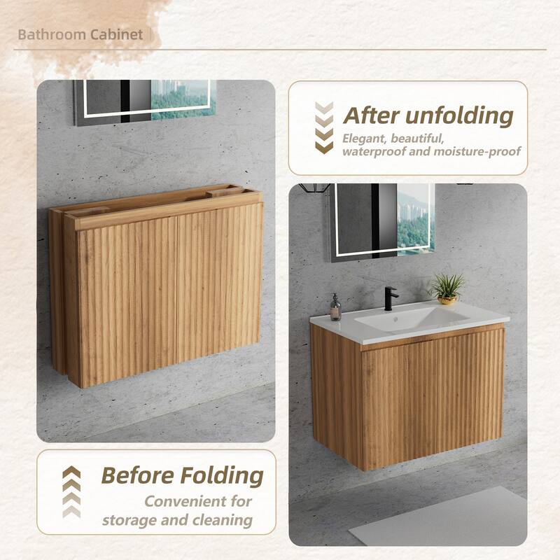 30inch Folding Wall Cabinet With Creamic Sink- Patented 1-Minute Install, Space-Saving & Easy Assemble