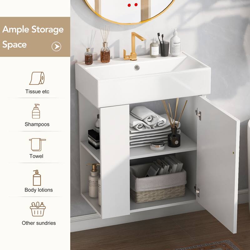 21.6" Modern Floating Bathroom Vanity with Ceramic Basin - Perfect for Small Bathrooms, Left side storage