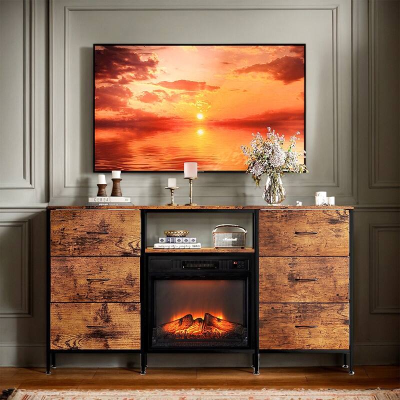 Farmhouse 58'' TV Stand For Tvs Up To 70'' With Electric Fireplace And 6-Drawer - Brown