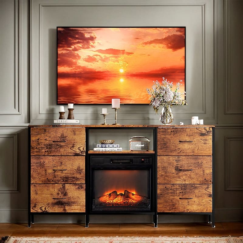 Farmhouse 58'' TV Stand For Tvs Up To 70'' With Electric Fireplace And 6-Drawer
