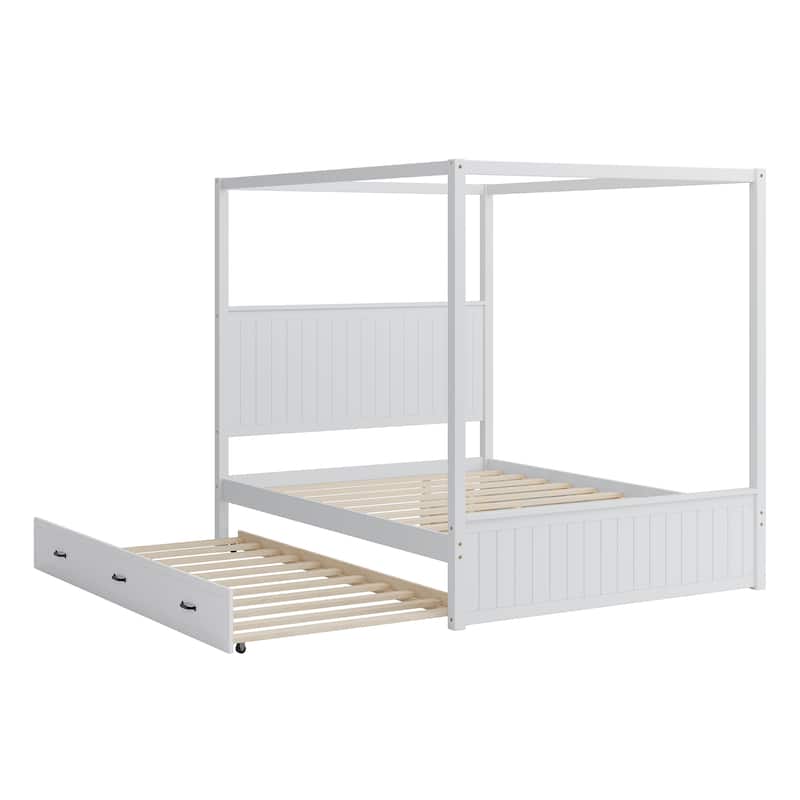 Queen Size Canopy Bed Platform Bed with Trundle Drawers Under-bed