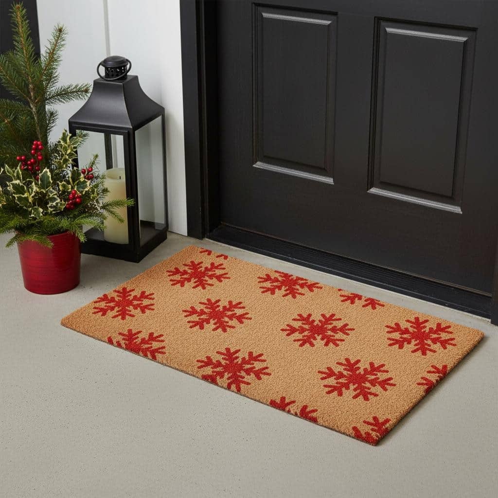 HomeRoots 17" X 29" Brown And Red Christmas Snowflake Outdoor Coir Door Mat - 17.00' X '29.00