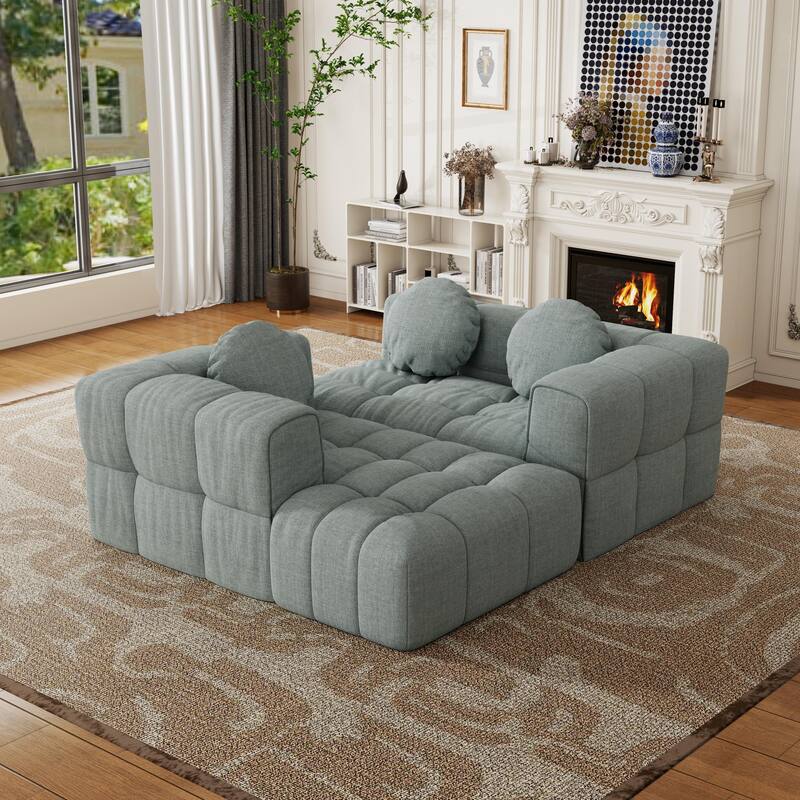 Blue Gray Foam+Spring 103" L-shaped Modular Sofa Set with 3 Pillows (Right side recliner)
