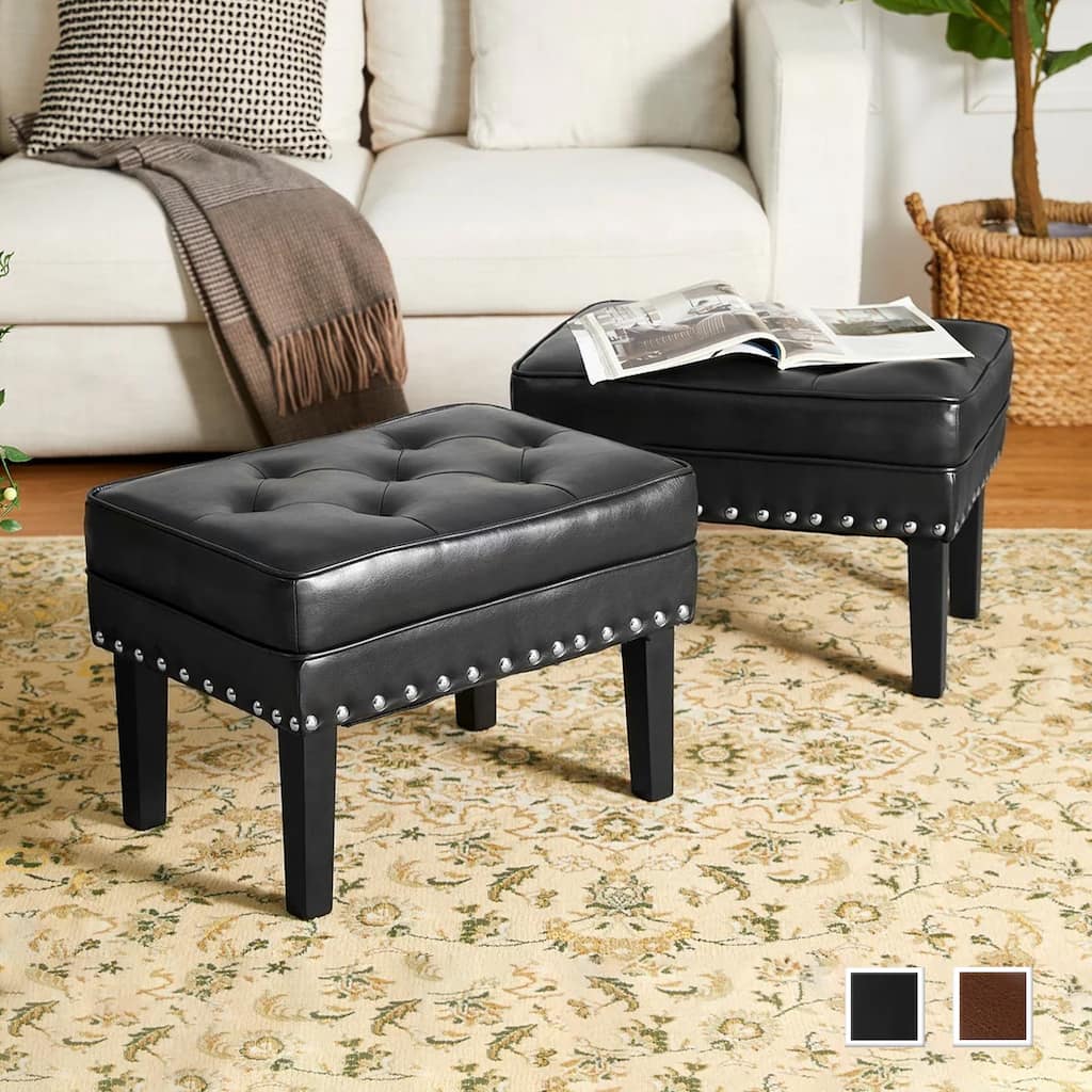 Glitzhome Set of 2 22"W Leatherette Button-tufted Foot Stools Ottomans
