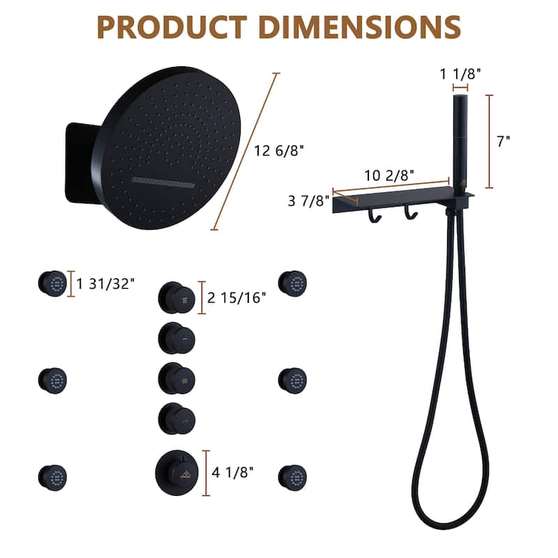 CASAINC Thermostatic 4 Functions 12 inch Rainfall Showerhead with Handheld Spray & 6 Body Jets Set Rain Shower System