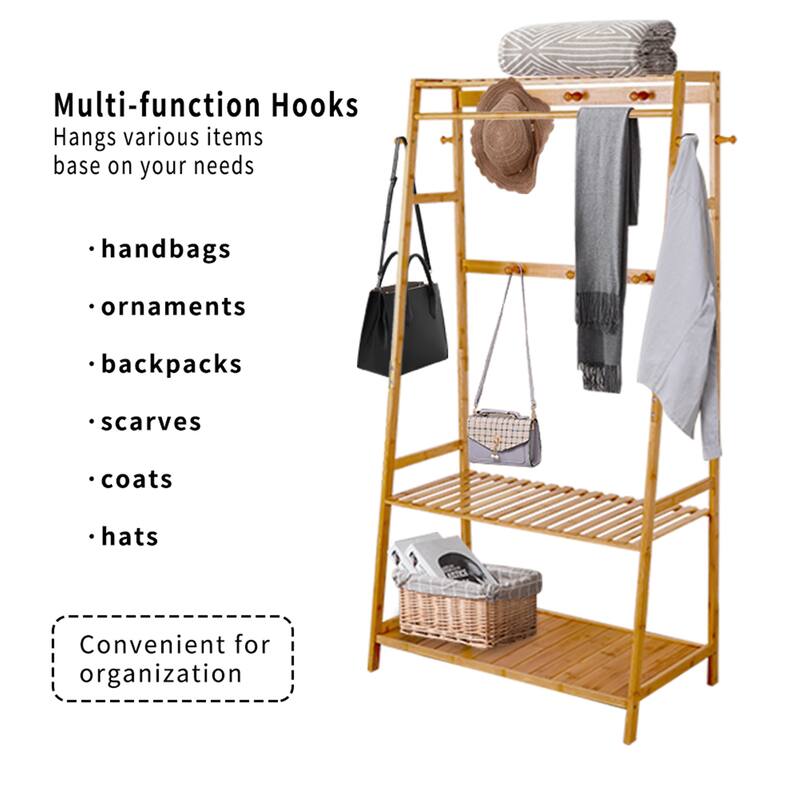 Bamboo Garment Hanging Rack with Storage Shelf for Home Organization