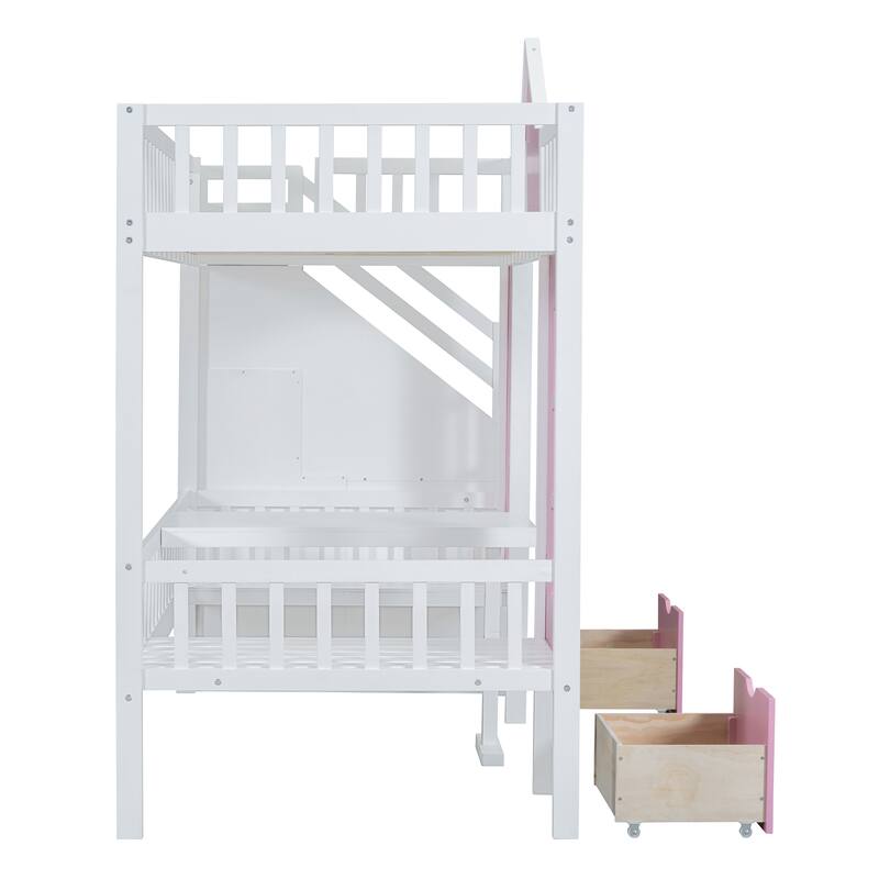 Convertible Twin-Over-Twin Bunk Bed with Desk, Pink