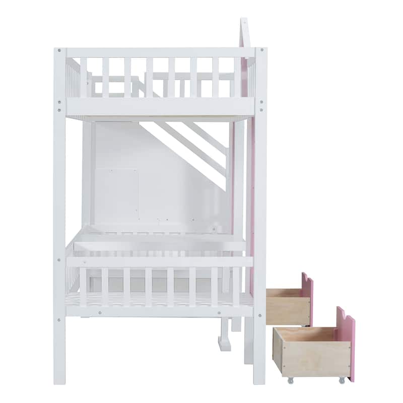Twin-Over-Twin Bunk Bed with Changeable Table, Bunk Bed Turn into Upper Bed and Down Desk -Pink