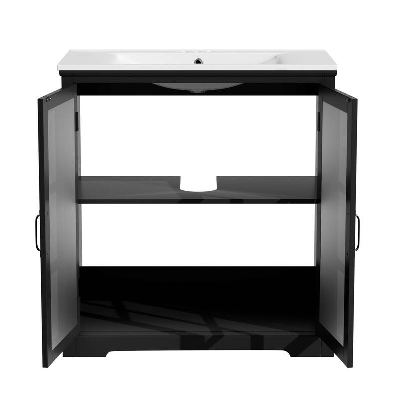 30" Modern Bathroom Vanity with Ceramic Sink, Bathroom Vanity Cabinet with Tempered Blurred Glass