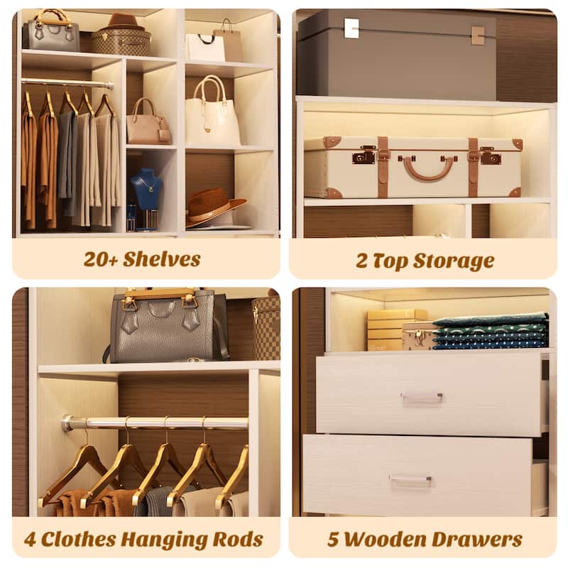 Kyrvo Corner Closet System with 5 Wooden Drawers & 12 Shelves, Freestanding Closet Organizer System for Walk-in/Reach-in Closet