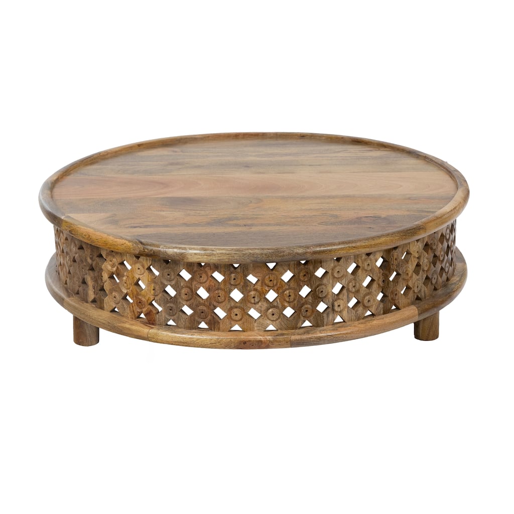 36" Round Mango Wood Coffee Table with Carved Artistic Base in Natural Finish