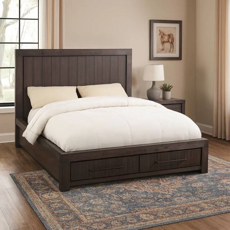 Adan California King Storage Bed, Panel Design, 2 Drawers, Gray Brown