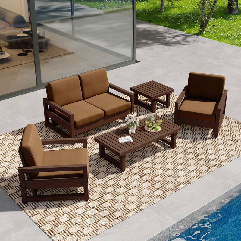 5-Piece Teak Wood Outdoor Patio Conversation Set with Cushion - Dark Wood - Light Brown