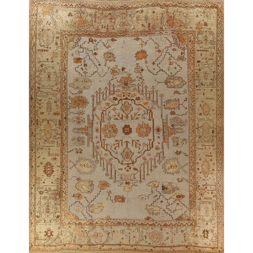 Pre-1900 Antique Vegetable Dye Oushak Turkish Rug Handmade Wool Carpet - 11'10" x 13'6"