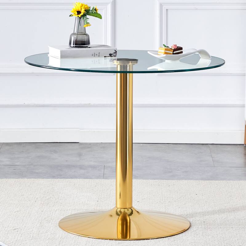 Roomfitters Round Glass Dining Table with 35 Inch Top and Gold Metal Legs for Dining or Meeting Spaces