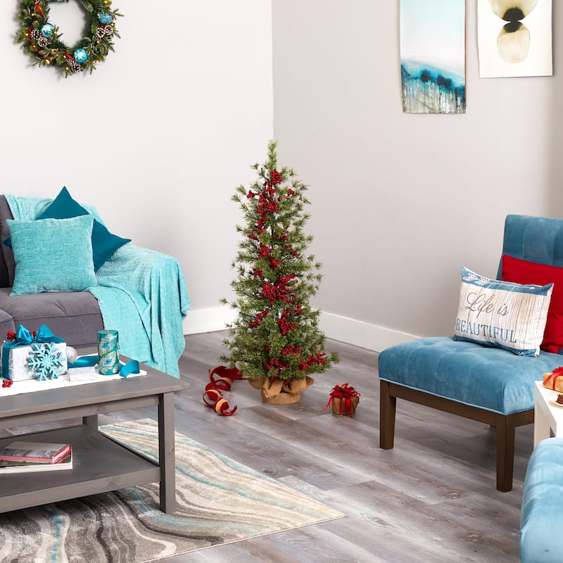 4’ Potted Pine and Berries Artificial Christmas Tree, Clear LED Lights - 4 Foot