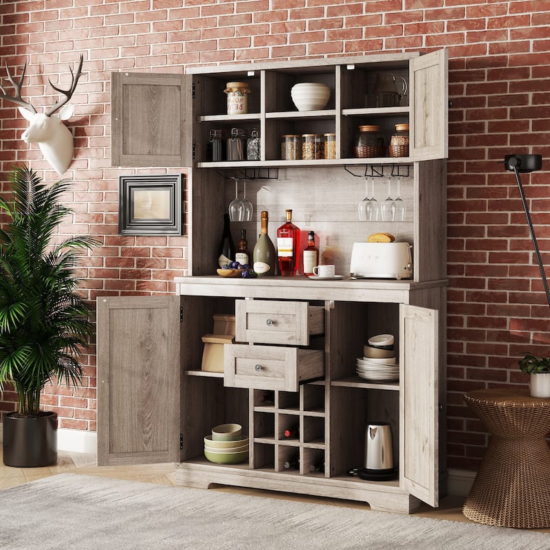 Coffee Bar Cabinet with Drawers and Shelves, Freestanding Kitchen Pantry with Cabinets, Wine Cabinet with Glass Racks - Brown Oak