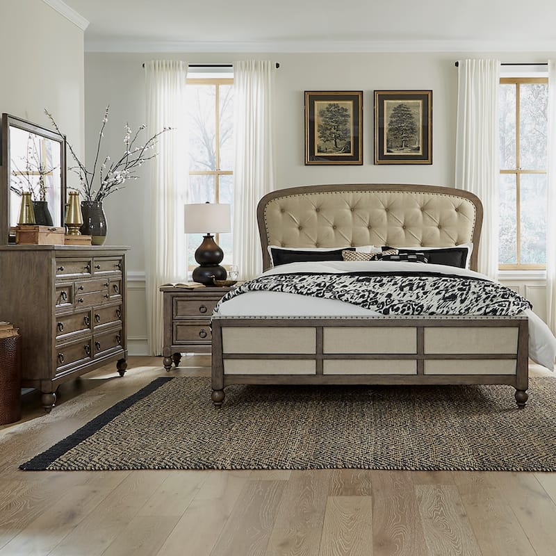 Americana Farmhouse Shelter Bed, Dresser, Mirror, and Nightstand Bedroom Set - Queen