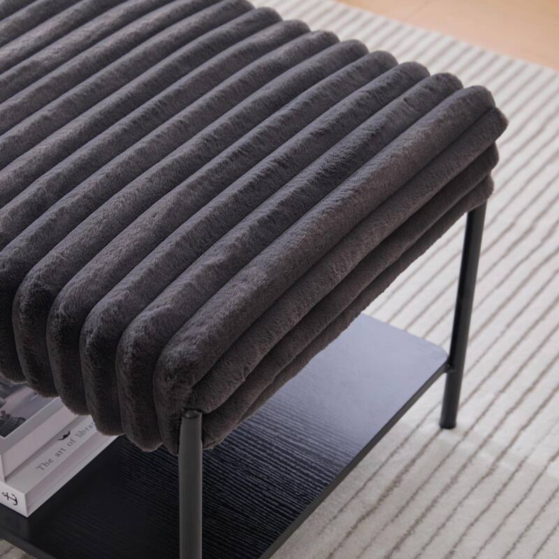 ​Upholstered Storage Ottoman - Open Shelf & Faux Fur Top