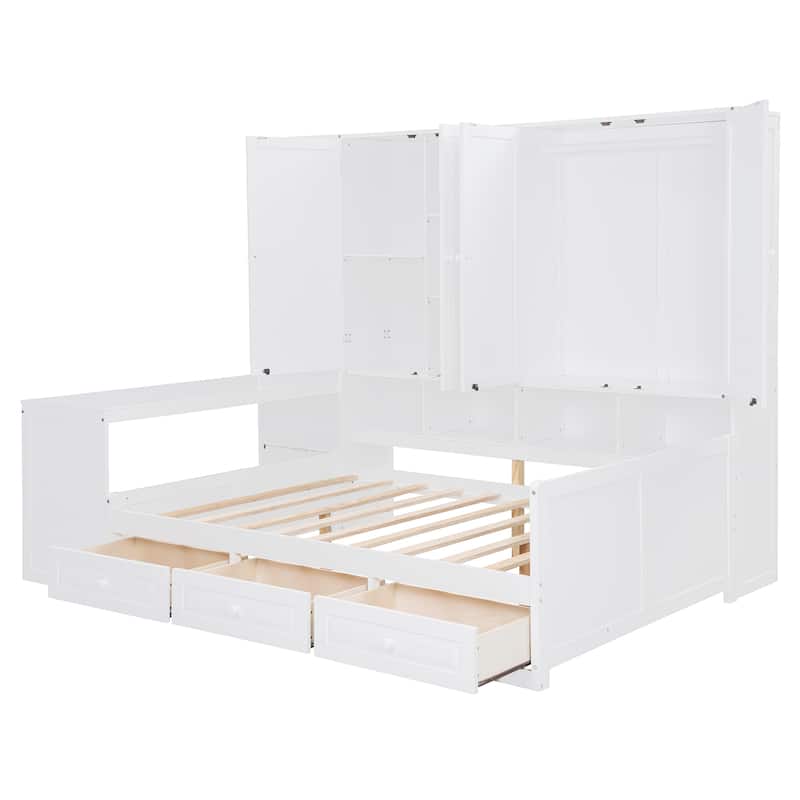 Daybed with Storage Drawers, Built-In Desk, Cabinets, and Shelves, Space-Saving Design