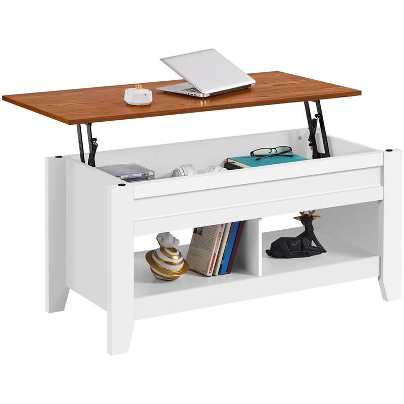 Yaheetech Lift Top Dining Coffee Table with Hidden Storage and Shelves - White/Oak