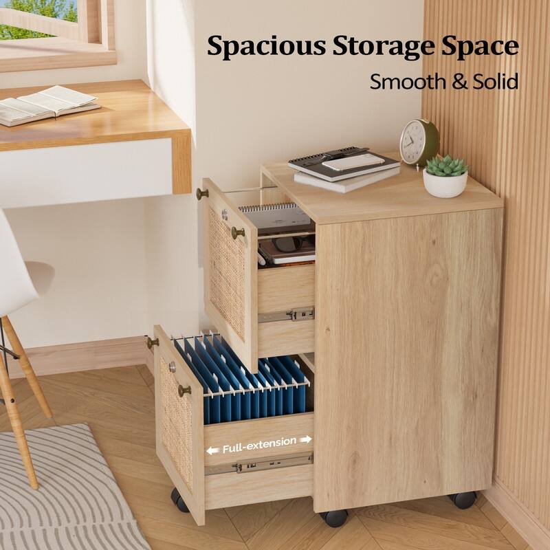 Mobile File Cabinet Wood Rattan 2-Drawer with Lock