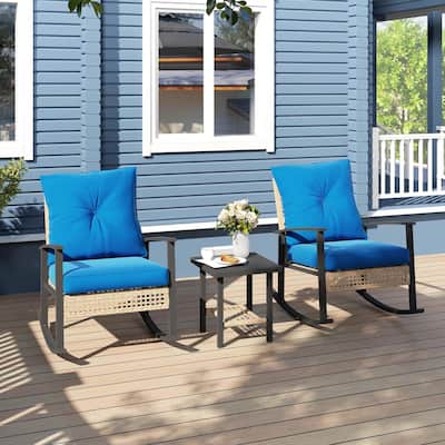 3-Piece Wicker Set, Rocking Chairs with Tufted Cushions,Coffee Table