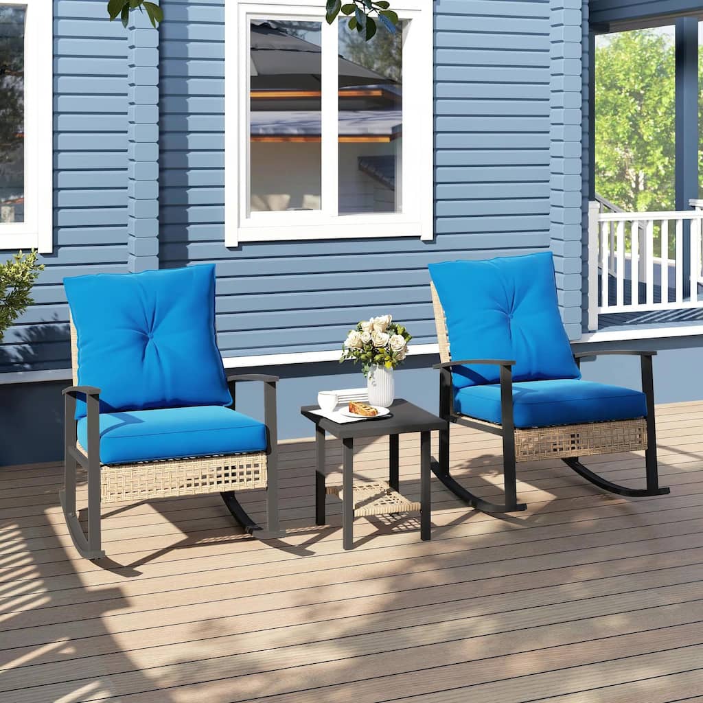3-Piece Wicker Set, Rocking Chairs with Tufted Cushions,Coffee Table