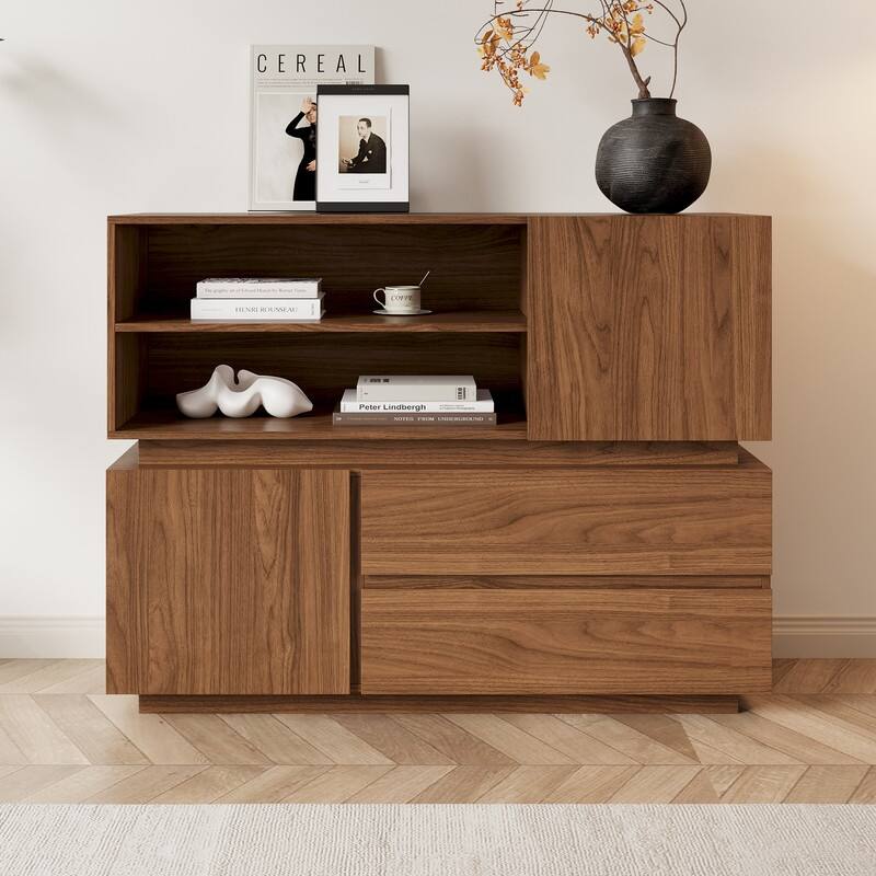 94.7" Modern Mid-Century Brown Wood TV Stand with Storage - Convertible Flat/Stackable Media Console for Living Room