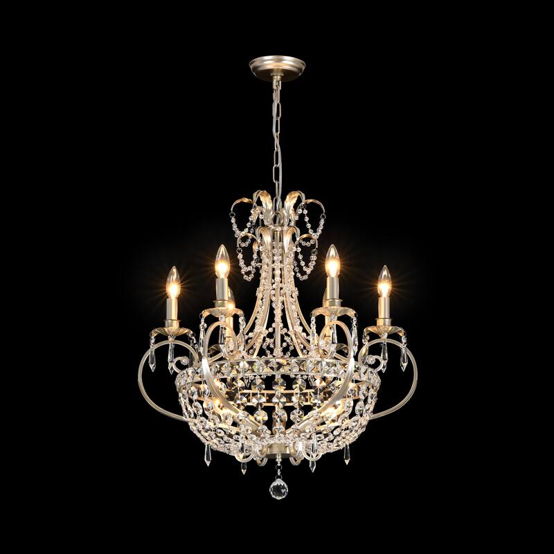 9-Light 24.4" W Crystal Chandelier in Antiqued Brushed Silver with Teardrop Pendants for Use in Living & Dining Room